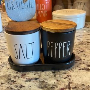 Rae Dunn salt and pepper storage with tray